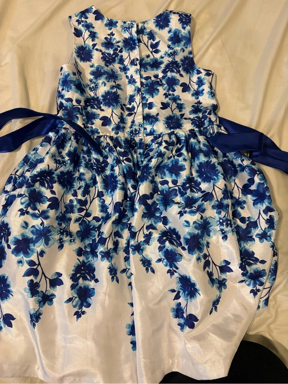 George Blue and White Floral Satin Bow Party Dress
